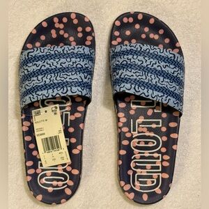 Adidas Navy and Pink Polka Dot Slides